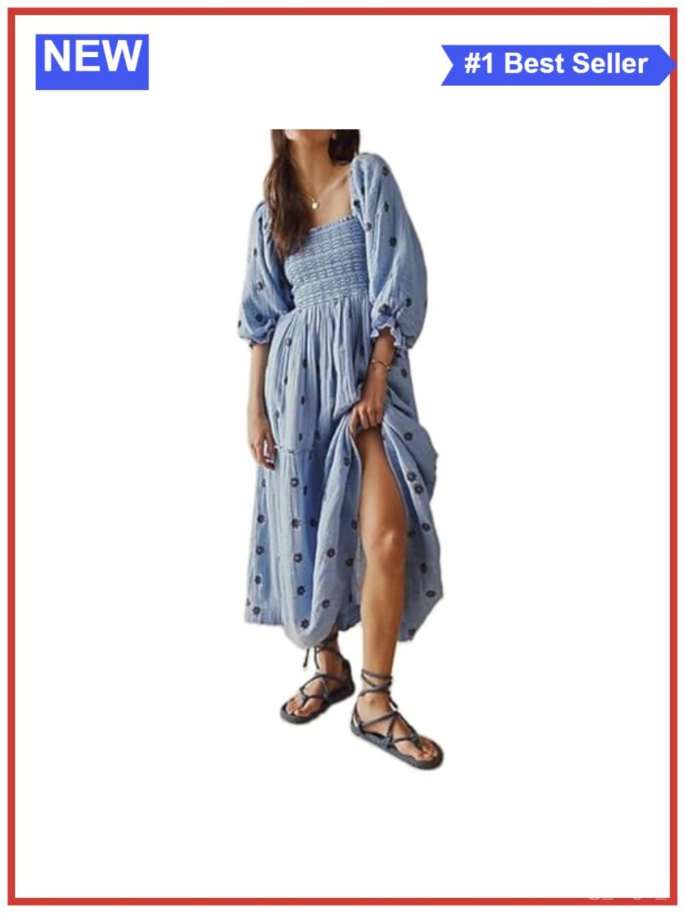 Women Floral Embroidered Maxi Dress Puff Sleeve Square Neck Bohemian Tiered